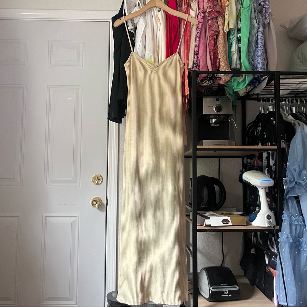 TROIS THE LABEL cream nude waffle thermal knit sleeveless maxi dress